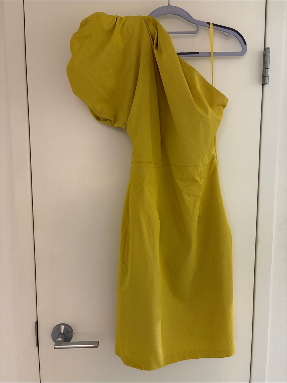 One-Shoulder Puff-Sleeve Dress in Chartreuse. Excellent condition.